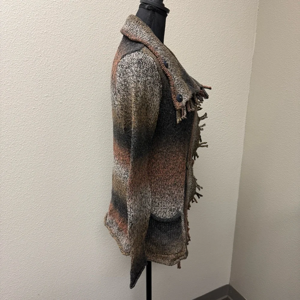 CAbi Brown Black Ombre Fringe Button Cardigan Sweater Small Boho